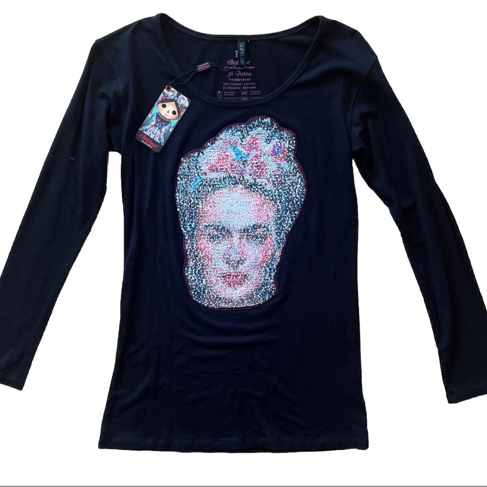 NWT Ay Guey Frida Khalo & Skull Shirt Reversible Sequins Dia de Los Muertos M